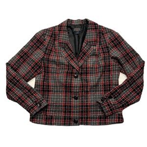 Pendleton Virgin Wool Black Red Square Windowpane Cropped Plaid Blazer Sz 12